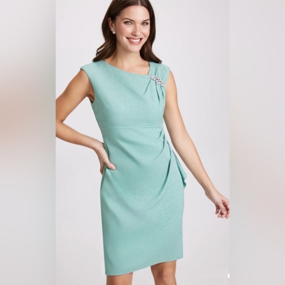 SLNY Brooch Embellished Glitter Knit Dress Prom Party Dress Mint Green